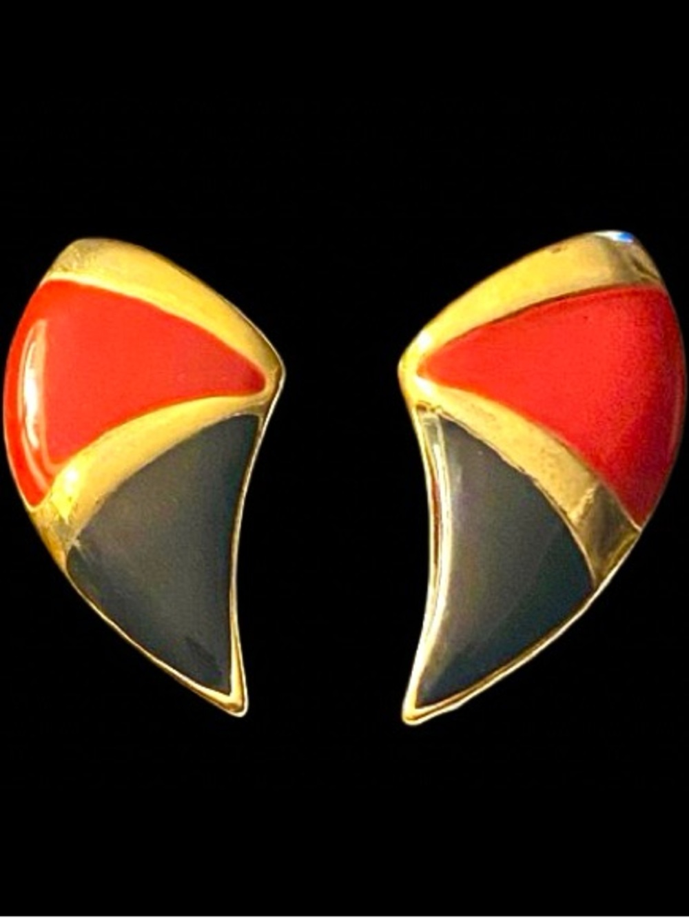 Vintage 80s Red & Black Enamel Gold Tone Metal Stud Earrings Ralph Lauren